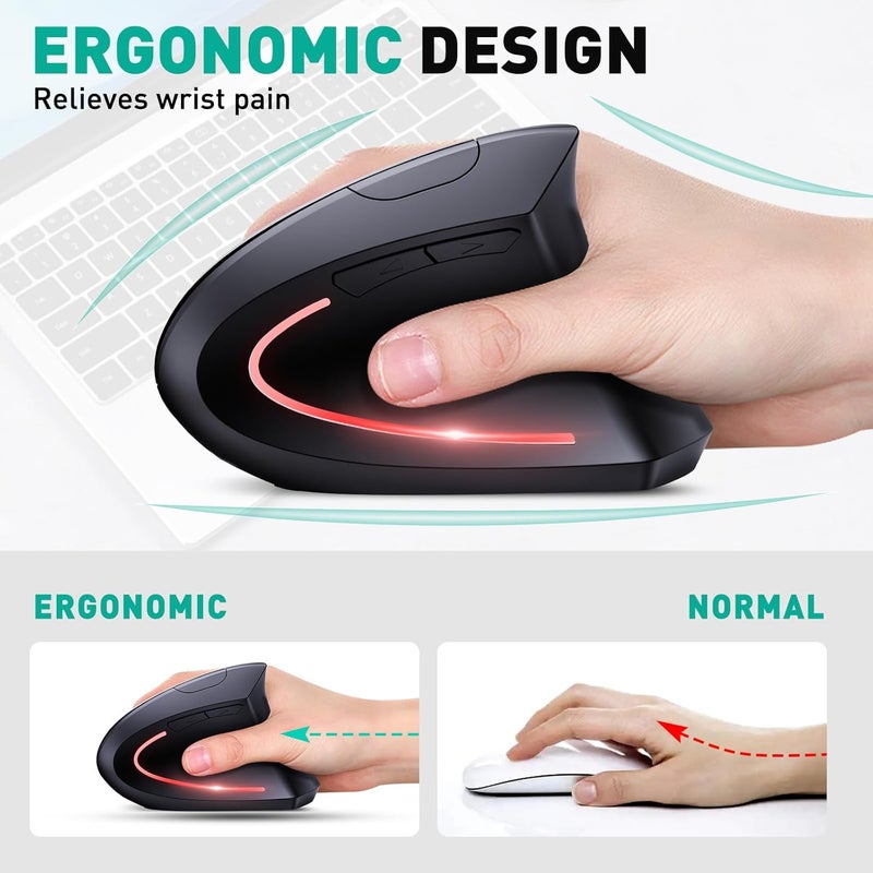 JYKEYMOUT Bluetooth and 2.4G (2-in-1) Rechargeable Wireless Mouse, Ergonomic Vertical Design, 1000/1200/1600 DPI, 6 Silent Buttons, for Laptop, Computer, PC, MacBook, Chromebook-Black - Image 3